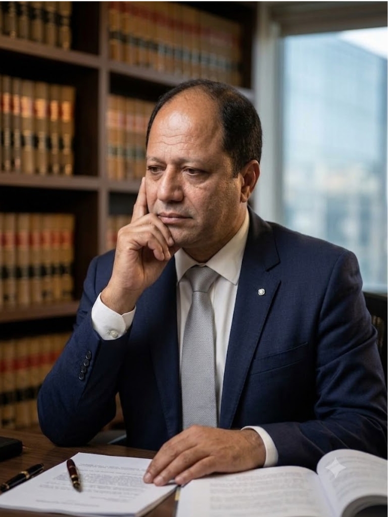 Contrato de compra de imóvel, caneta e balança da justiça sobre a mesa do escritório